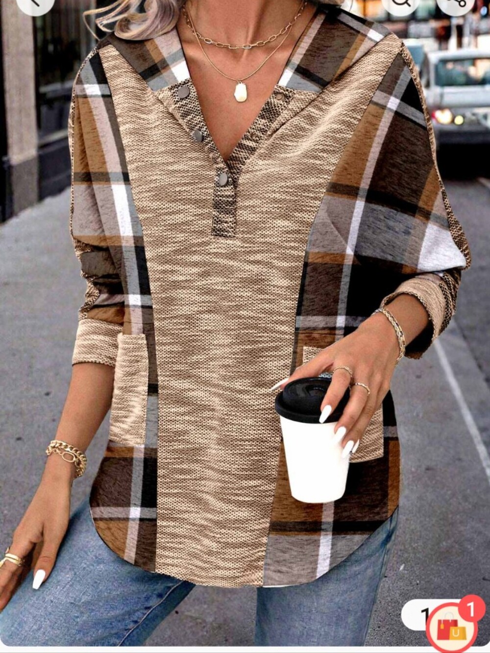 NIP- Modlily- Dk Coffee Patchwork Plaid Long Sleeve Hoodie, Sz Med
